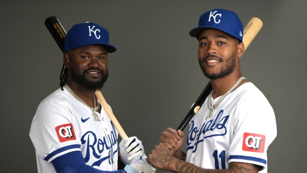 Royals players Diego Hernández and third baseman Maikel García pose during Kansas City spring training.